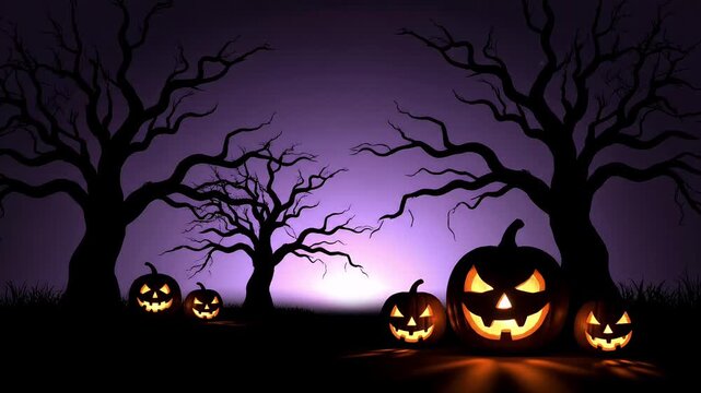 Halloween night scene with carved pumpkins silhouetted against a purple twilight sky and bare trees