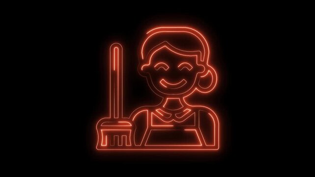 Neon cleaning lady illustration glowing with a broom on black background animation