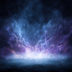 Powerful lightning strike illuminates a dark, stormy sky and ground with brilliant blue and purple electrical energy and atmospheric smoke. Dynamic electric background.