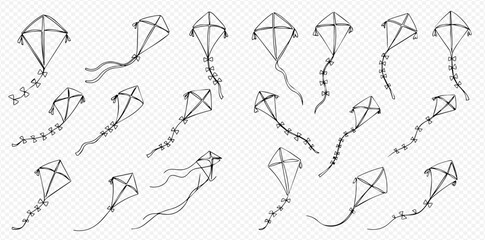 A collection of kite illustrations in black and white, showcasing various designs and tail styles.