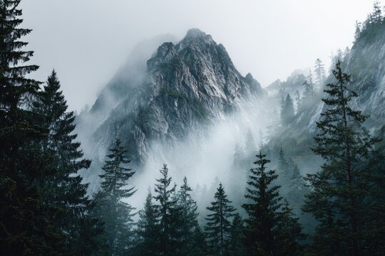 Misty mountain peak shrouded in fog