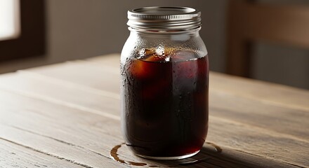 Cold Brew Coffee in a Mason Jar on a Wooden Table.