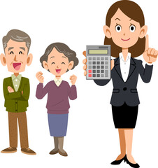 シニア夫婦と計算機を見せるスーツ姿の女性
