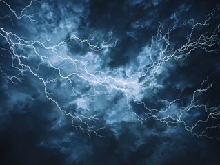 Bright electric lightning bolts illuminate dark stormy thunderclouds across the ominous sky during a powerful weather event.