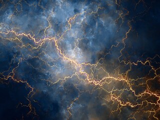 Abstract Stormy Sky with Golden Lightning Bolts and Electrical Discharges Pattern