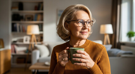 Smiling mature woman enjoying a cup of tea at home, looking away thoughtfully in a cozy living room setting