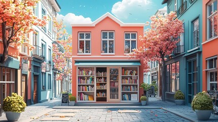 Fototapeta premium A charming pink two-story bookstore with autumn trees.