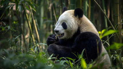 Fototapeta premium Giant Panda Eating Bamboo in Green Forest – Wildlife Nature Photography