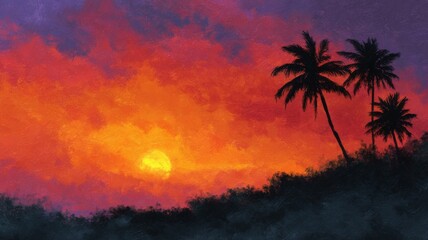 Vibrant tropical sunset over calm ocean waters with golden and pink hues, silhouetted palm trees, and serene beach landscape at dusk