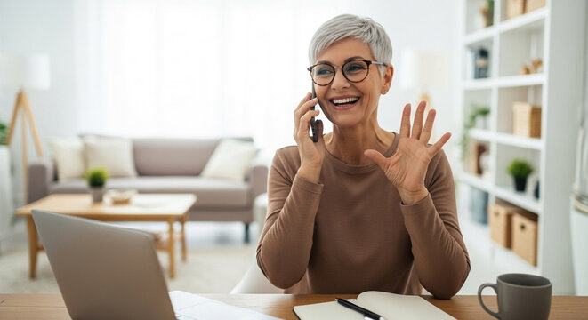 Cheerful mature woman talking on the phone while working from home, smiling and gesturing with her hand