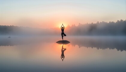 Yoga Silhouette at Misty Lake Sunrise Reflection