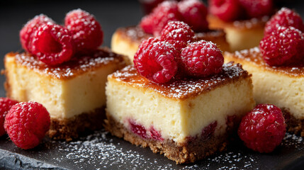 Delicious cheesecake squares topped with fresh raspberries on a dark plate