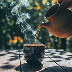 Steaming hot tea poured on a sunny day