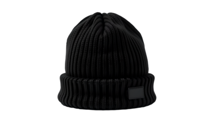 a stylish black beanie, perfect for keeping warm. The beanie has a ribbed texture and a sleek design. The design is minimalist and versatile