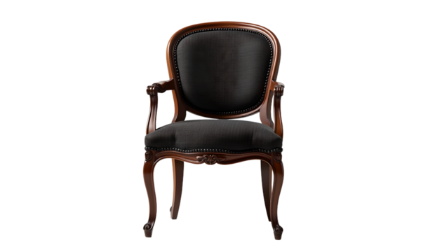 an elegant vintage chair against a clean backdrop. This antique chair features a dark cushion and intricately carved wooden details