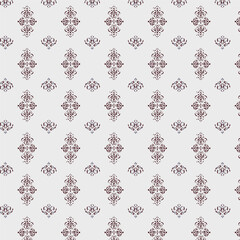 Seamless Gray Damask Pattern with Maroon Ornate Motifs Vector Illustration