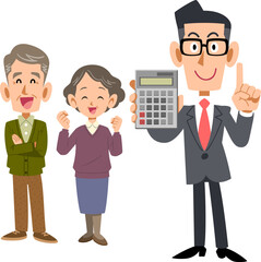 シニア夫婦と計算機を見せるスーツ姿の男性
