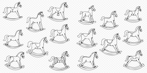 Illustration of many rocking horses, arranged in rows on a checkered background.