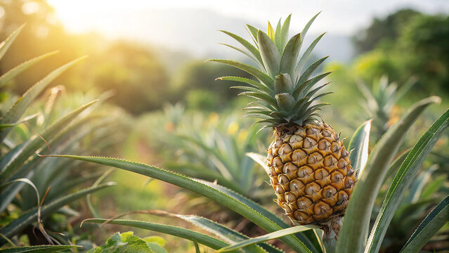 Pineapple plant with ripe fruit growing in a field under the sunlight - Powered by Adobe