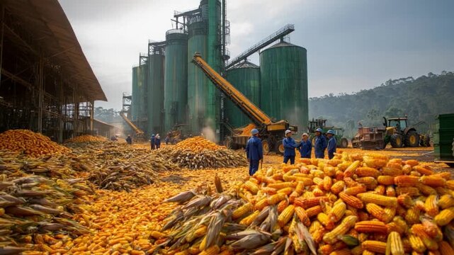 Corn Harvest Processing: A detailed scene of corn processing, highlighting the industrial procedures of harvest, transport, and storage, as yellow corns and workers dominate the frame.