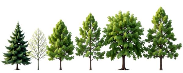 various types of trees are showcased, each displaying unique shapes and foliage