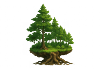 Fantasy floating island with green forest and tree roots