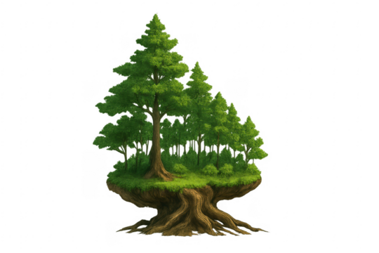 Fantasy floating island with green forest and tree roots