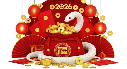 White snake coiled around a red money bag with gold coins, chinese new year