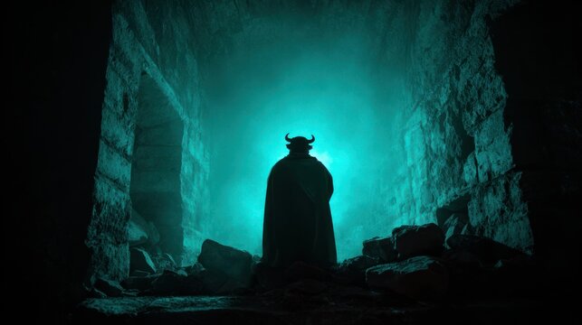 Mysterious silhouette with horns in a dimly lit corridor