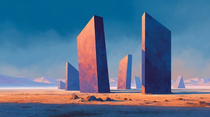 Abstract Monolithic Structures in Barren Desert Landscape under Blue Sky, Sci-Fi Concept Art