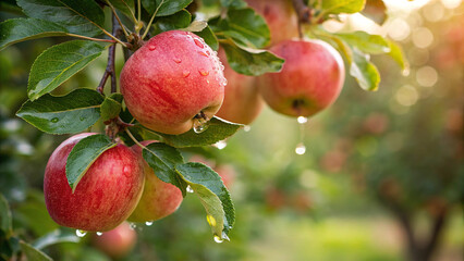 Closeup of ripe apples on a tree branch with water droplets glistening