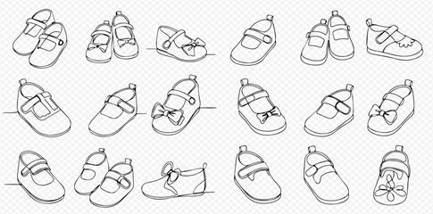 Outlined illustration of various baby shoes, showcasing different styles and designs.