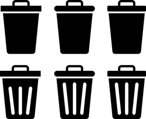 Collection of black silhouette trash can icons