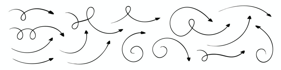 Collection of curve arrows. Set simple curved hand drawn arrows. 
