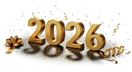 Golden 2026 numbers with festive confetti and ribbon isolated on white background