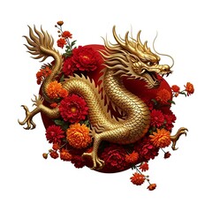 Golden dragon surrounded by red and orange flowers for chinese new year
