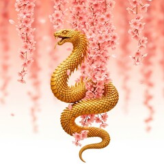 Golden snake coiled around blooming pink cherry blossom branches