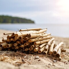 Pile of bamboo poles stacked on a sandy seashore!!