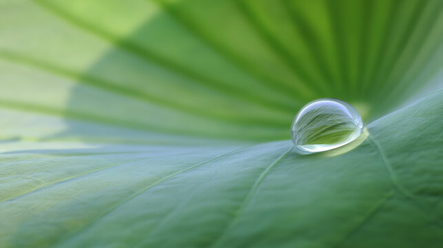 moisture. A single water droplet rolling across a large green lotus leaf. gardening catalogs, home-decor guides, designed for home decor and floral branding, enhances decor appeal.