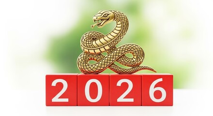Golden snake statue on red blocks with 2026 year number isolated on white background