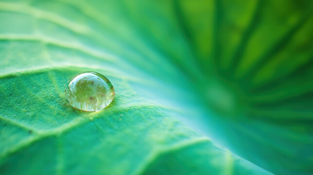 moisture. A single water droplet rolling across a large green lotus leaf. gardening catalogs, home-decor guides, designed for home decor and floral branding, enhances decor appeal.