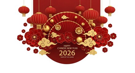 Happy chinese new year 2026 celebration with red lanterns and flowers isolated on white background