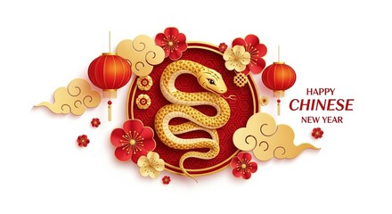 Happy chinese new year greeting with snake, lanterns, clouds and flowers isolated on white background
