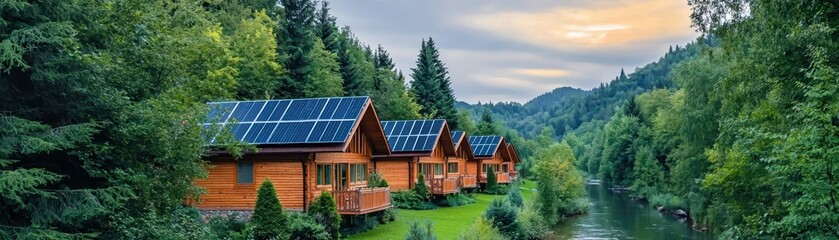 Fototapeta premium Serene Wooden Cabins with Solar Panels Alongside a Calm River Surrounded by Lush Green Forest at Sunset