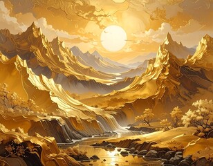 Golden Landscape Illustration Depicting Mountains, River, and the Sun