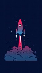 Fototapeta premium Cartoon rocket ship taking off against a dark blue night sky background