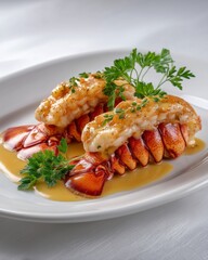 Lobster Tail Delights: A delectable display of cooked lobster tails, artfully arranged with fresh parsley and a savory sauce.