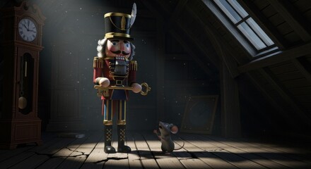 Mysterious encounter between a nutcracker and a mouse in a vintage attic