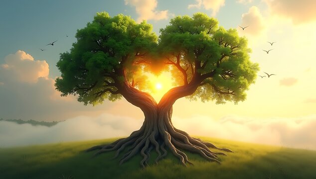 Two realistic trees growing side by side, their branches and roots intertwining into one glowing form, symbolizing eternal love and unity.