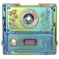 Vintage audio cassette player with floral design and iridescent finish on a transparent background